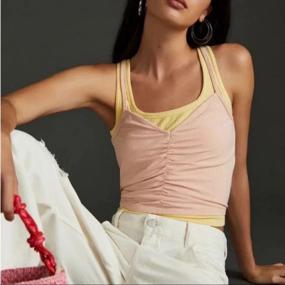 Anthropologie Ruched Layered Tank Pink Yellow size Large